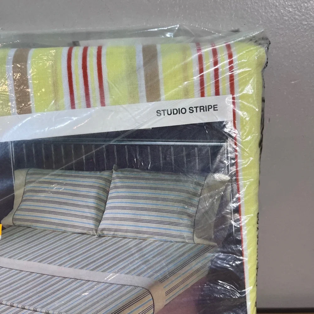 Vtg Pequot Studio Stripe Twin Flat Sheet Yellow Red Tan No-Iron Muslin NOS